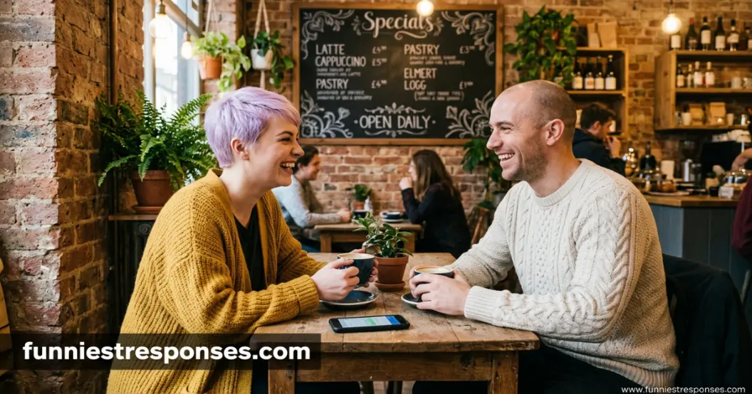 Two people smiling at a coffee shop counter