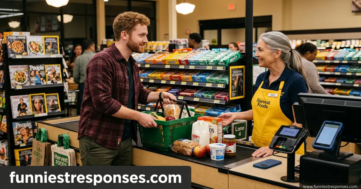 Person at self-checkout smiling at the machine