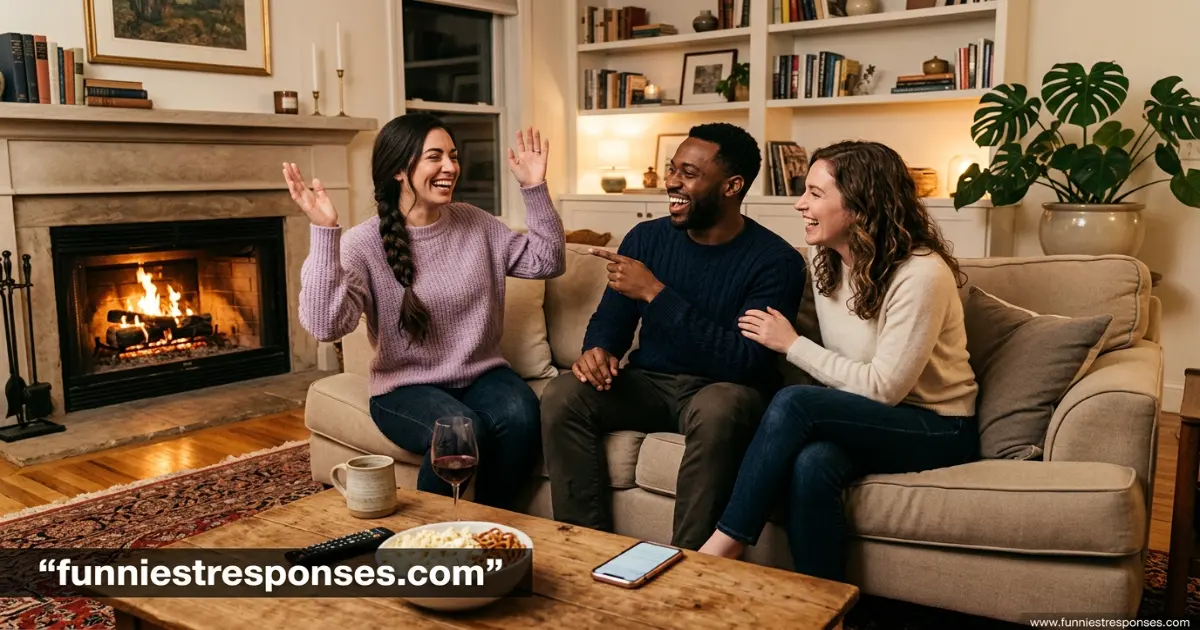Group of friends laughing, one pointing at another with a teasing smile