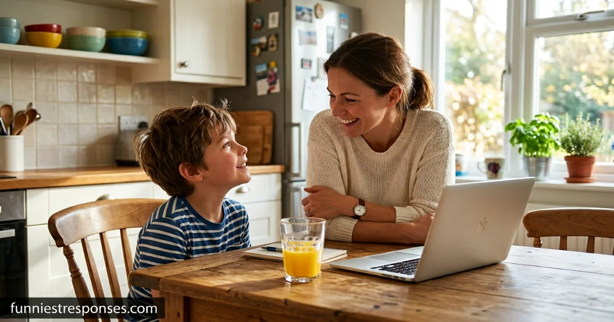 Family dinner with kid and adult laughing over Roblox joke