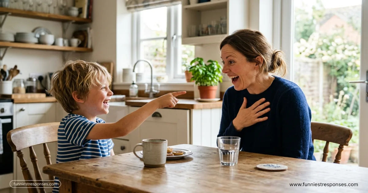 Smiling child pointing at an adult playfully saying you're old at a kitchen table