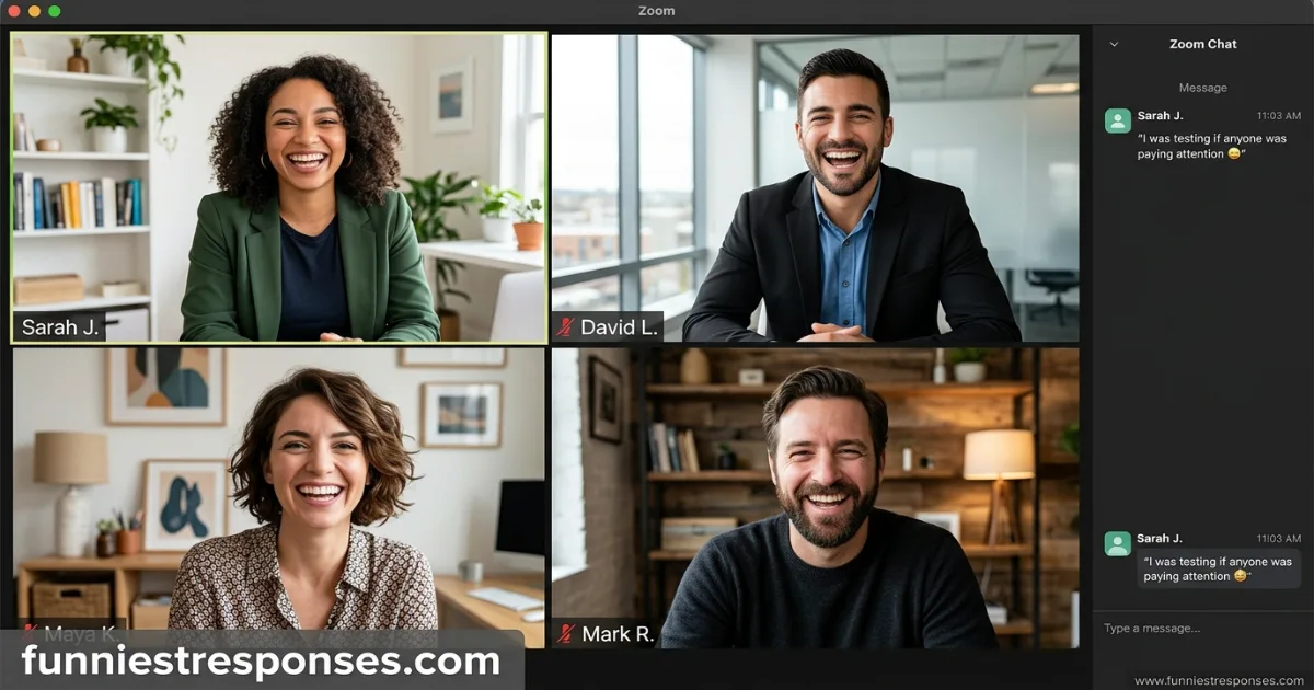 Zoom grid with smiling colleagues after a mute joke