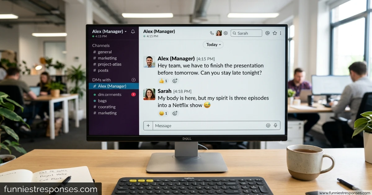 Slack message saying 'can you stay late?' with funny emoji reply