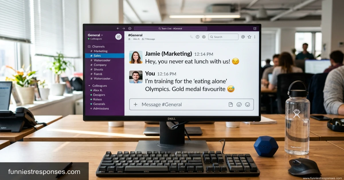 Slack message: 'you never eat lunch with us' with a funny emoji reply