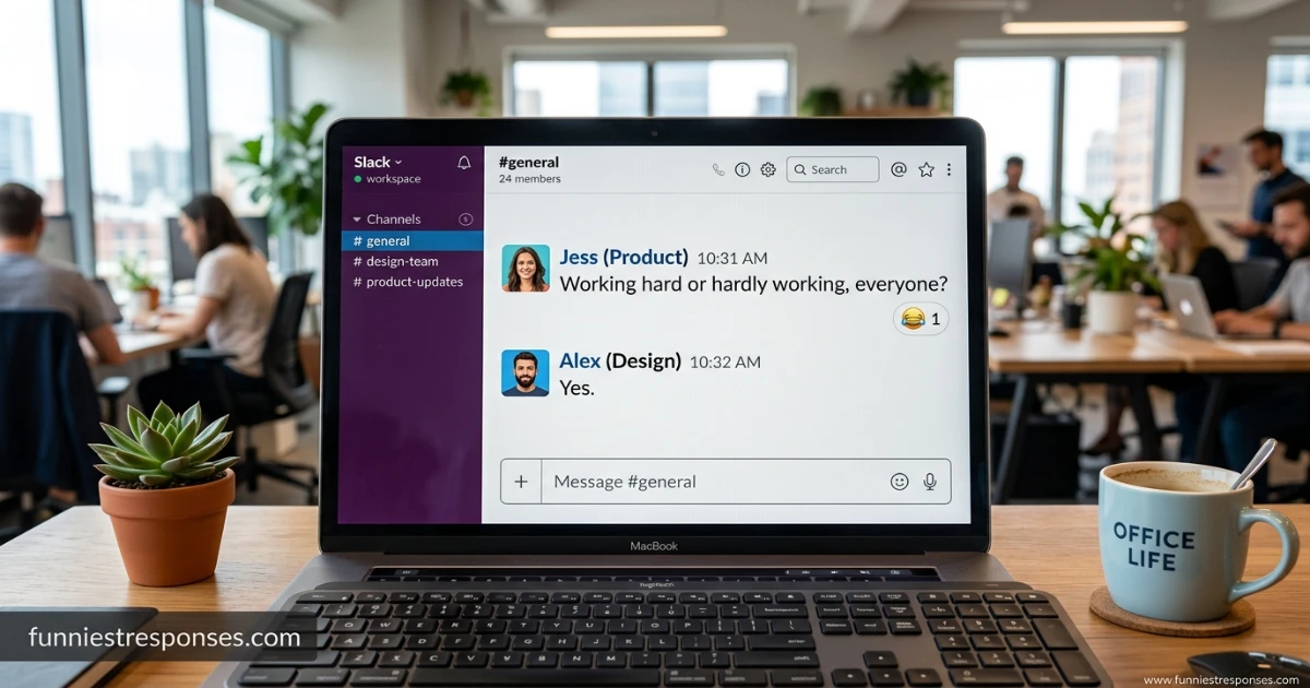 Slack message with 'working hard or hardly working' and funny reply emoji