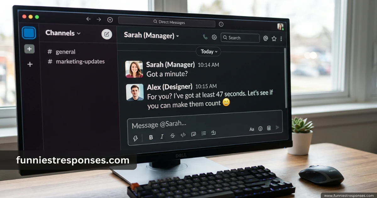 Slack message from boss saying 'got a minute?' with funny reply