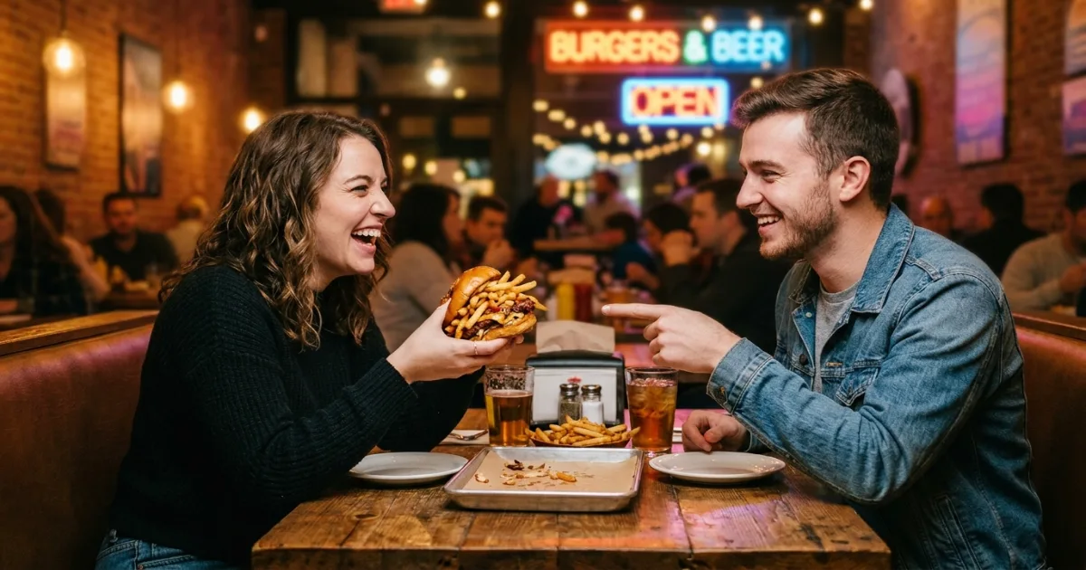 Couple laughing together over a unusual food combination at a restaurant