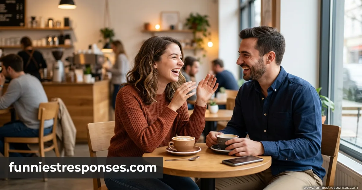 Two people smiling at a coffee shop, one gesturing playfully