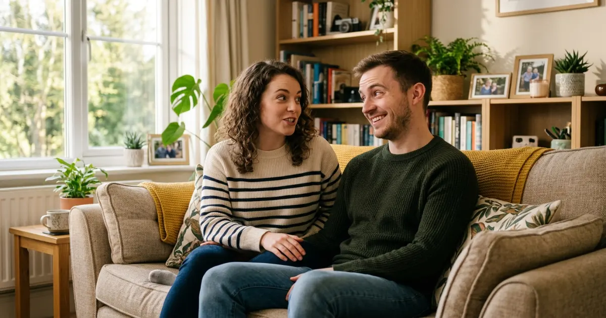 Couple laughing on a sofa after a funny reply to 'are you listening?'