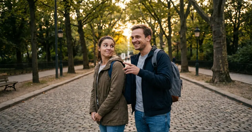 Couple walking and laughing together in a city