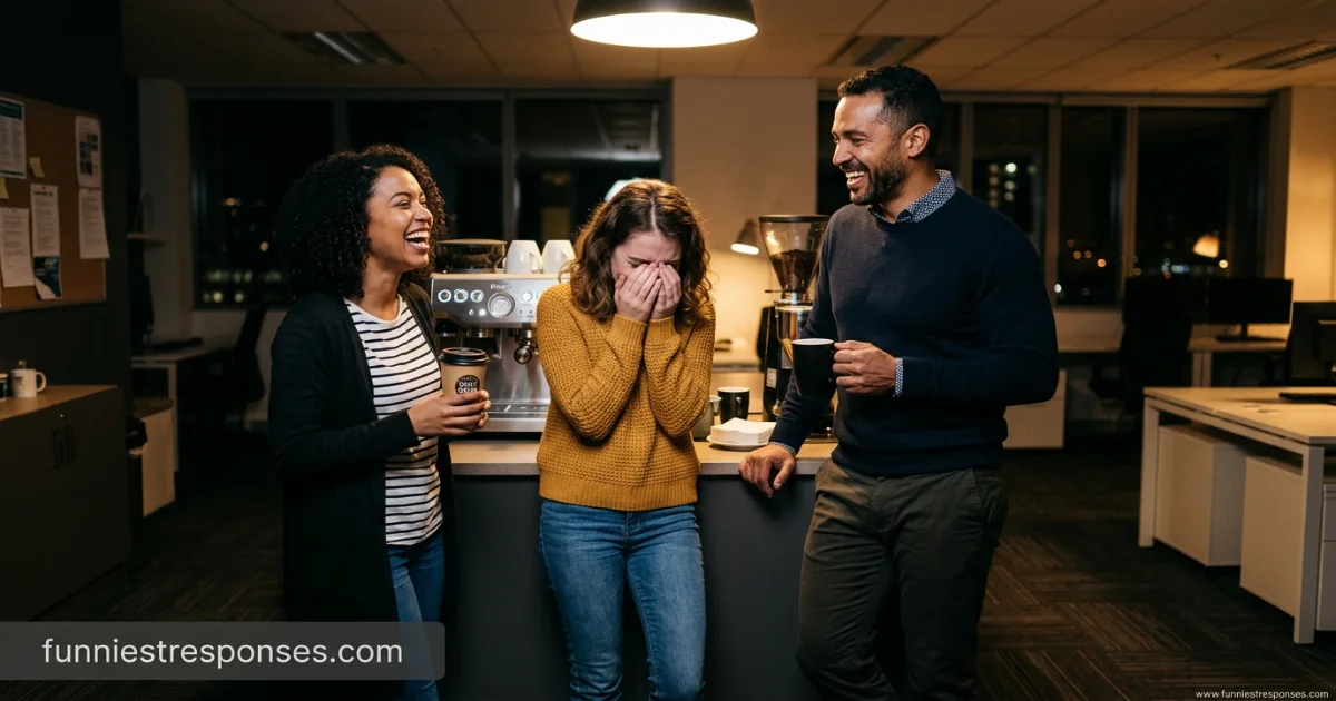 Coworkers laughing after a long day, one pretending to cry