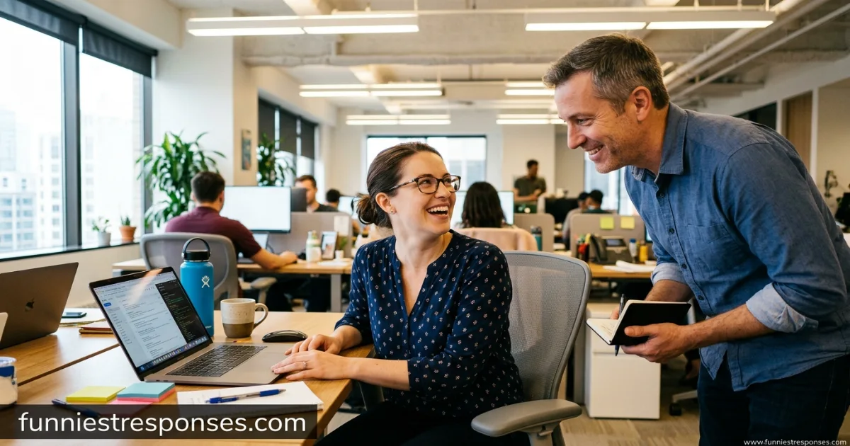 Two coworkers at a desk, one asks the question with a smirk, the other looks up thoughtfully