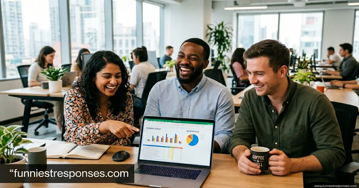 Group of coworkers laughing around a laptop showing a spreadsheet