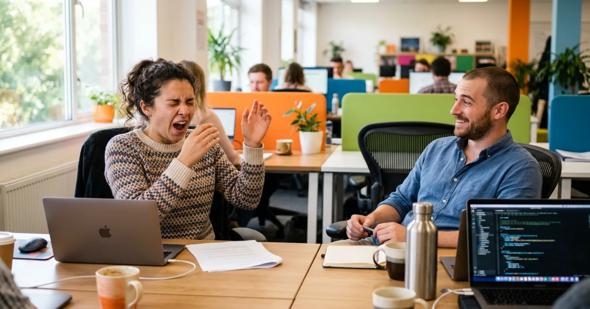 Two coworkers laughing after a dramatic sneeze in a bright office