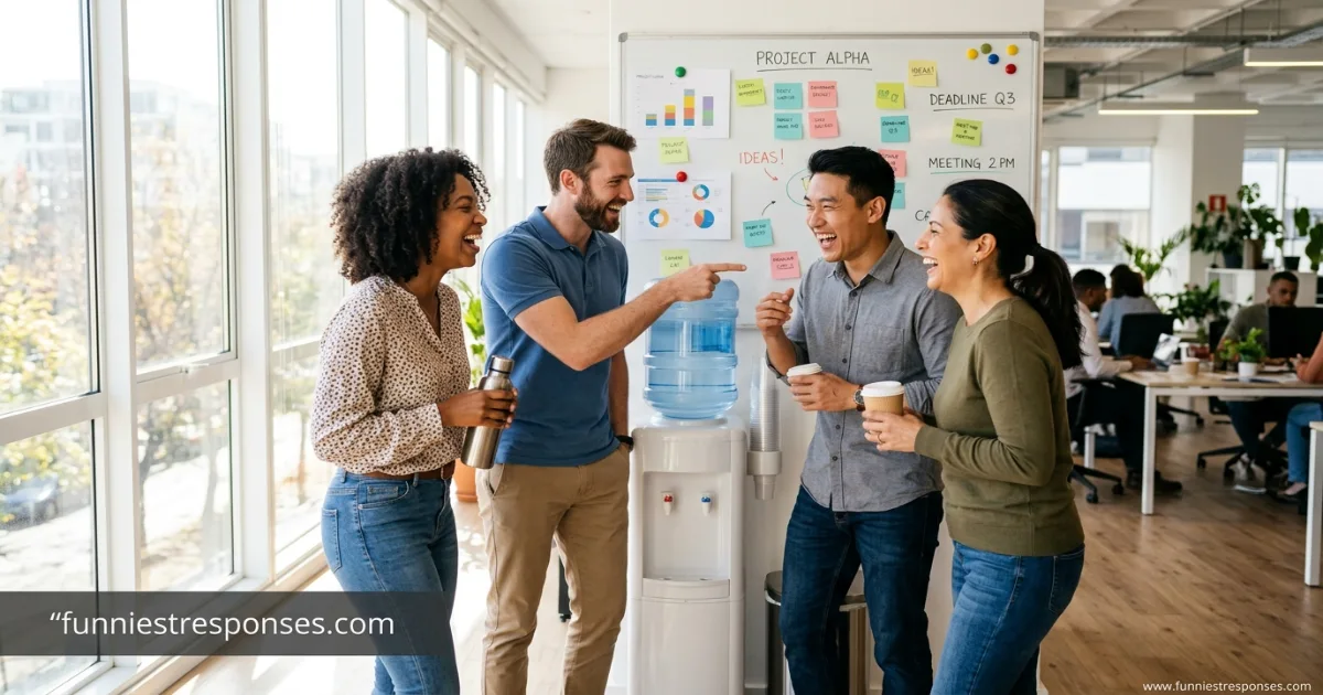 Group of coworkers laughing in an office