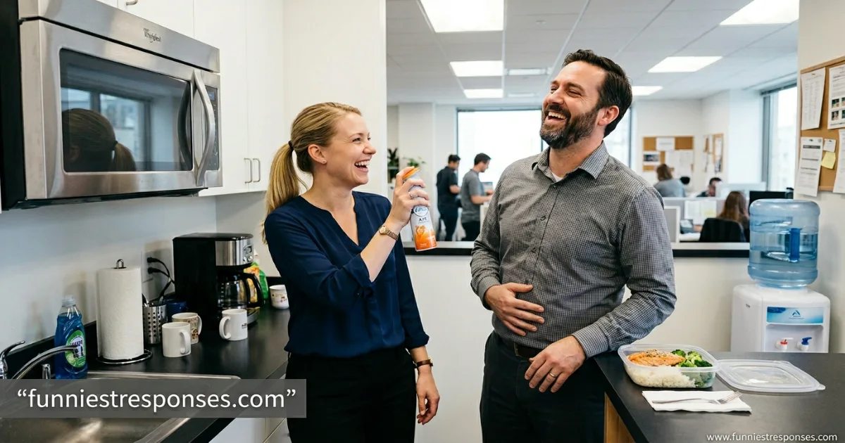 Coworkers laughing together near a microwave, one holding an air freshener