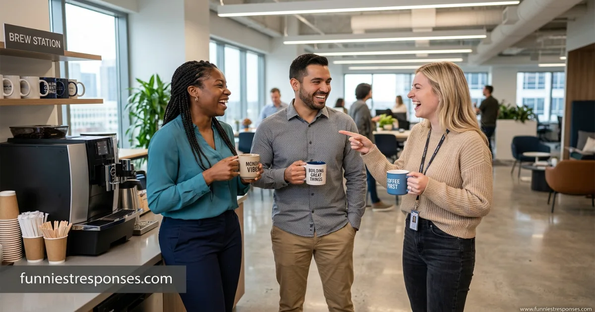 Group of coworkers laughing at a desk on Monday morning