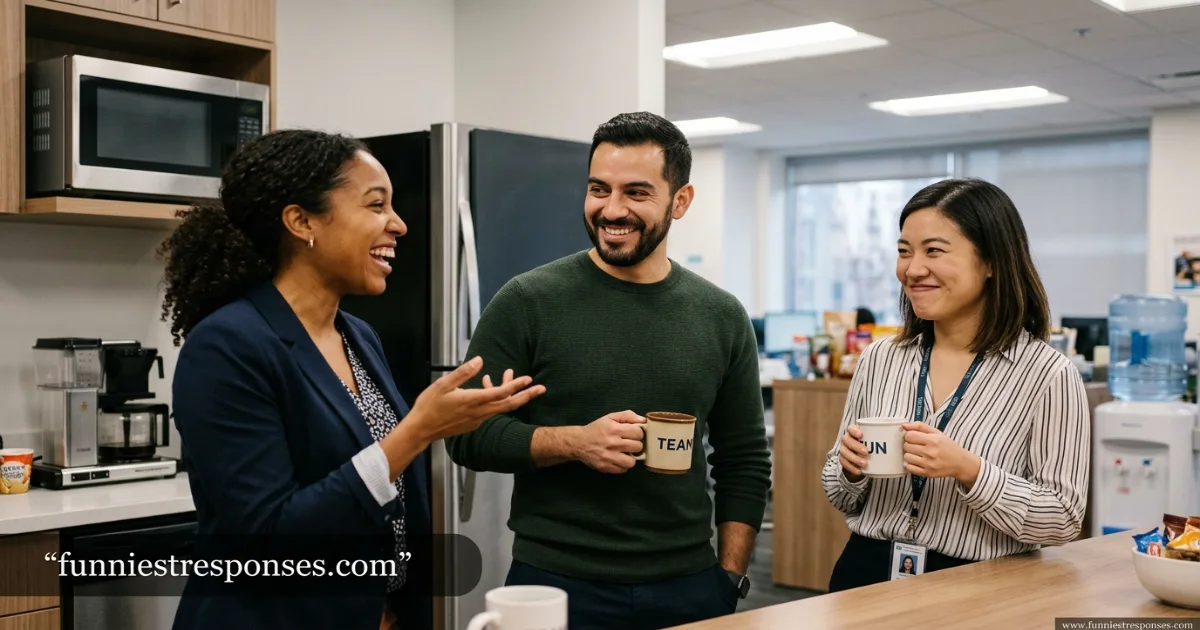 Group of coworkers laughing together in a break room