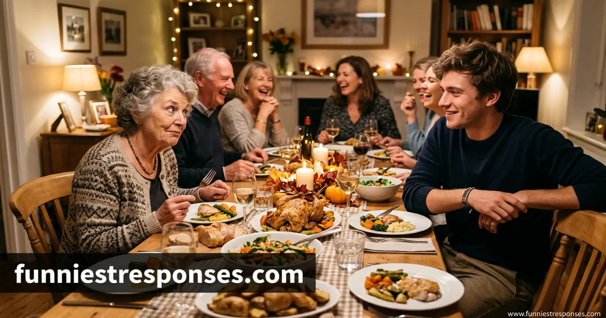 Relative gesturing at a young adult at a family dinner, both smiling awkwardly