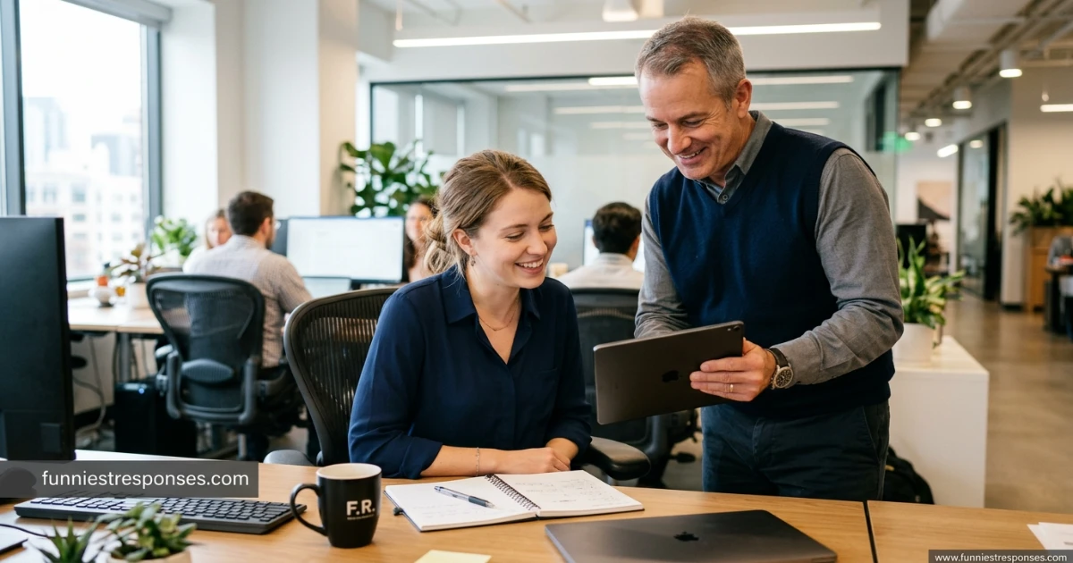 Manager standing next to employee's desk, both smiling casually
