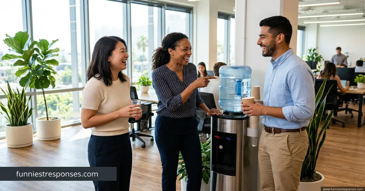 Two coworkers and a manager laughing near a water cooler