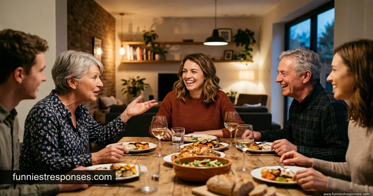 Group of people laughing together at a dinner table