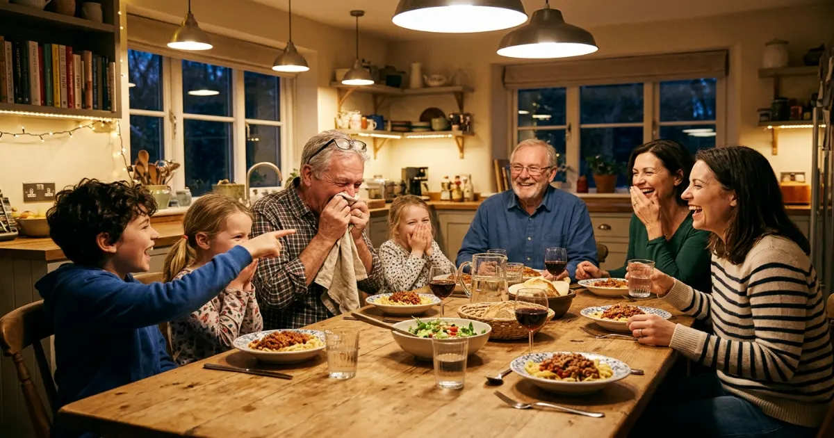 Family members laughing together after a funny sneeze comment