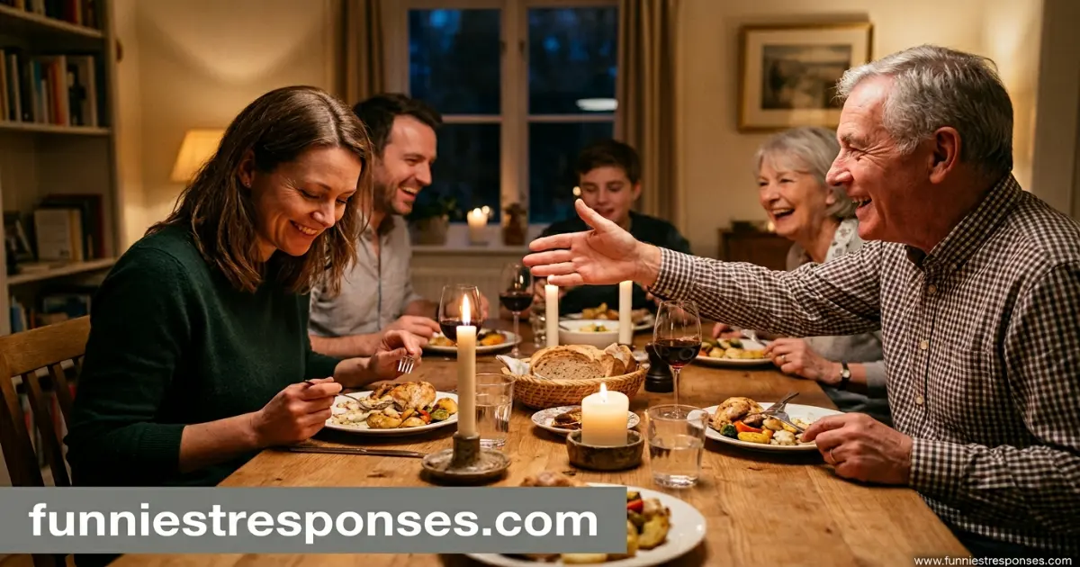 Family members laughing together at a dinner table