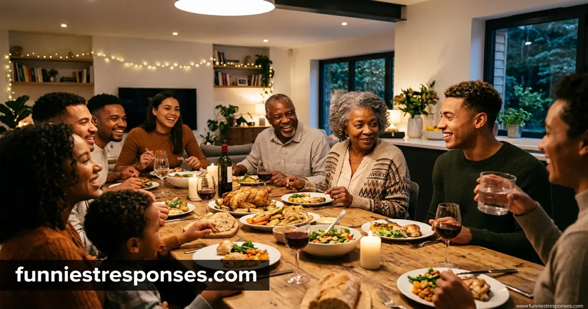 Extended family around a dinner table, one person looking pointedly at a single adult