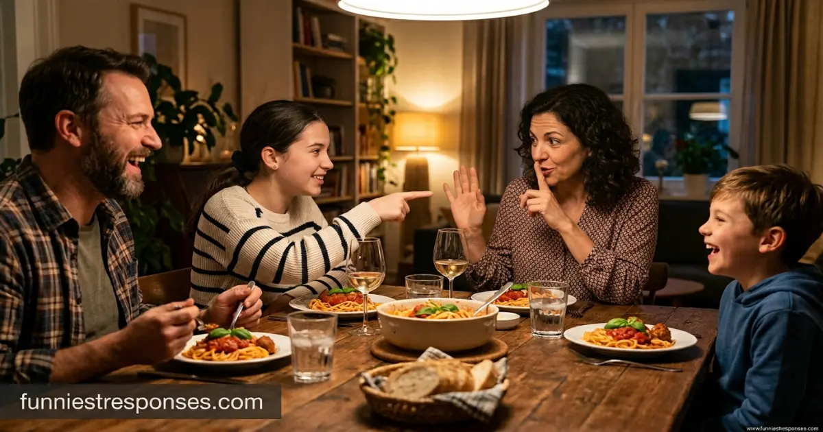 Family dinner table with adult making a funny hand gesture while explaining no TikTok