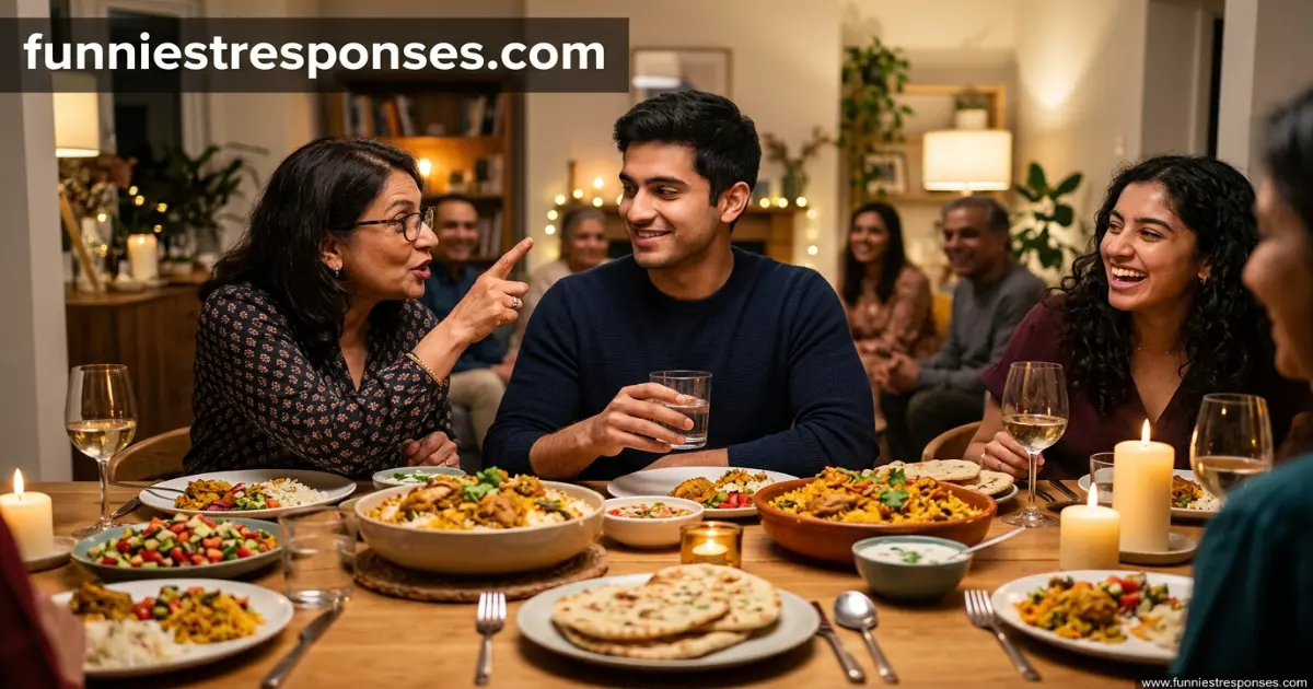 Aunt speaking to a younger adult at a family dinner, cousin sitting nearby