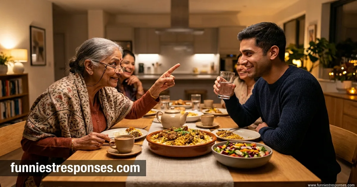 Grandmother leaning in with a teasing smile, young adult looking amused at a family table