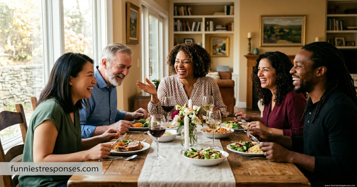 Family members laughing together at a dinner table, one person gesturing