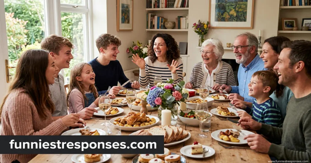 Large family laughing around a dinner table