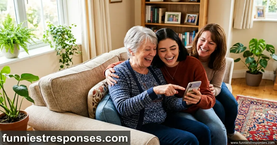 Young adult hugging grandmother, both laughing