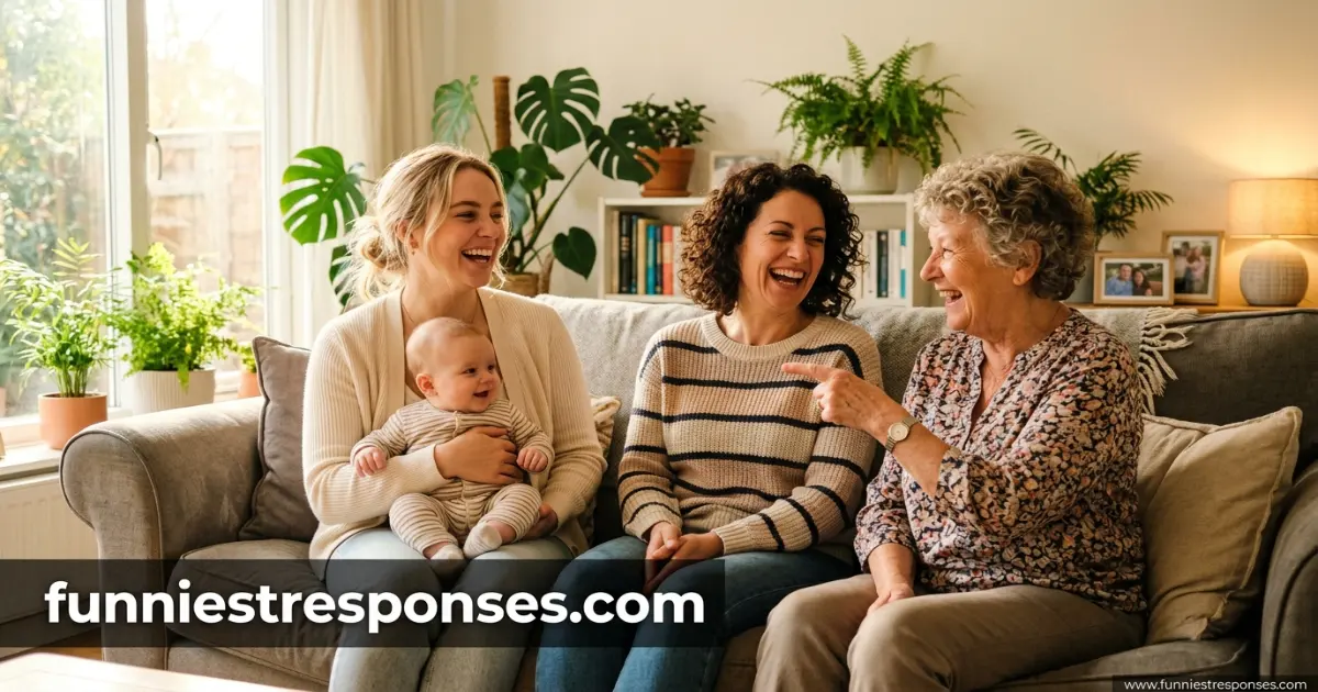 Multi‑generational family laughing around a baby