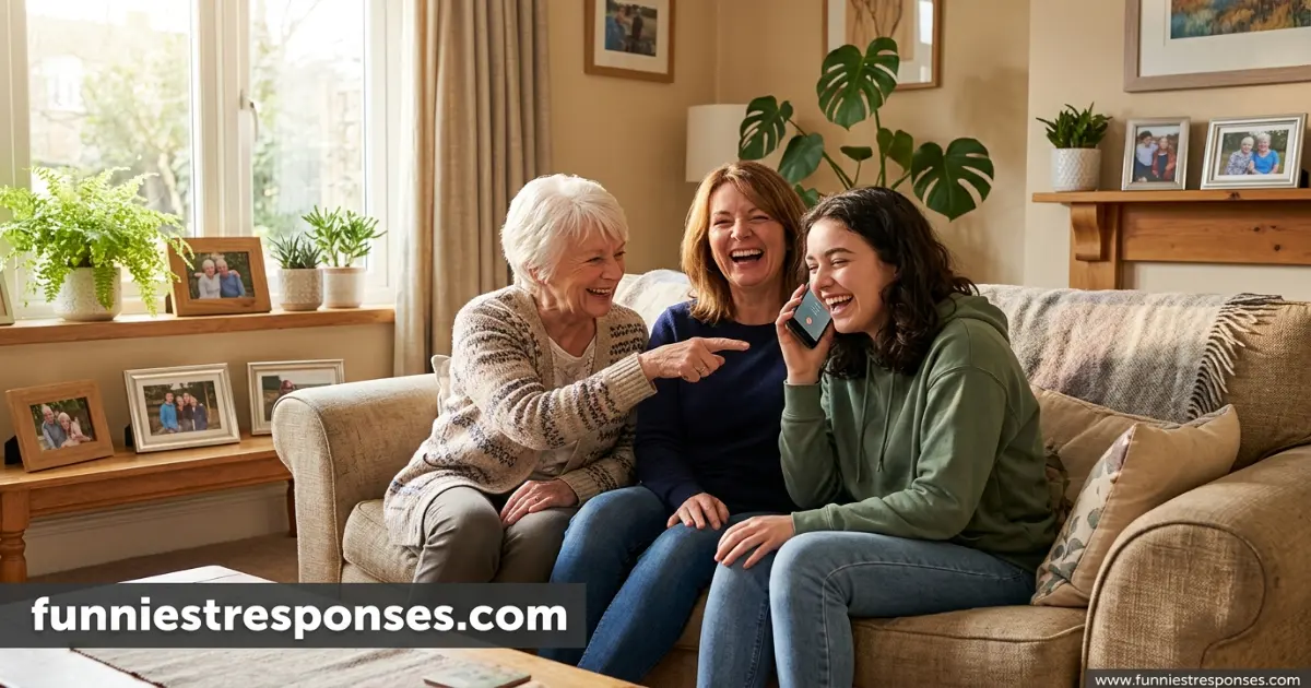 Family members laughing together, one holding a phone