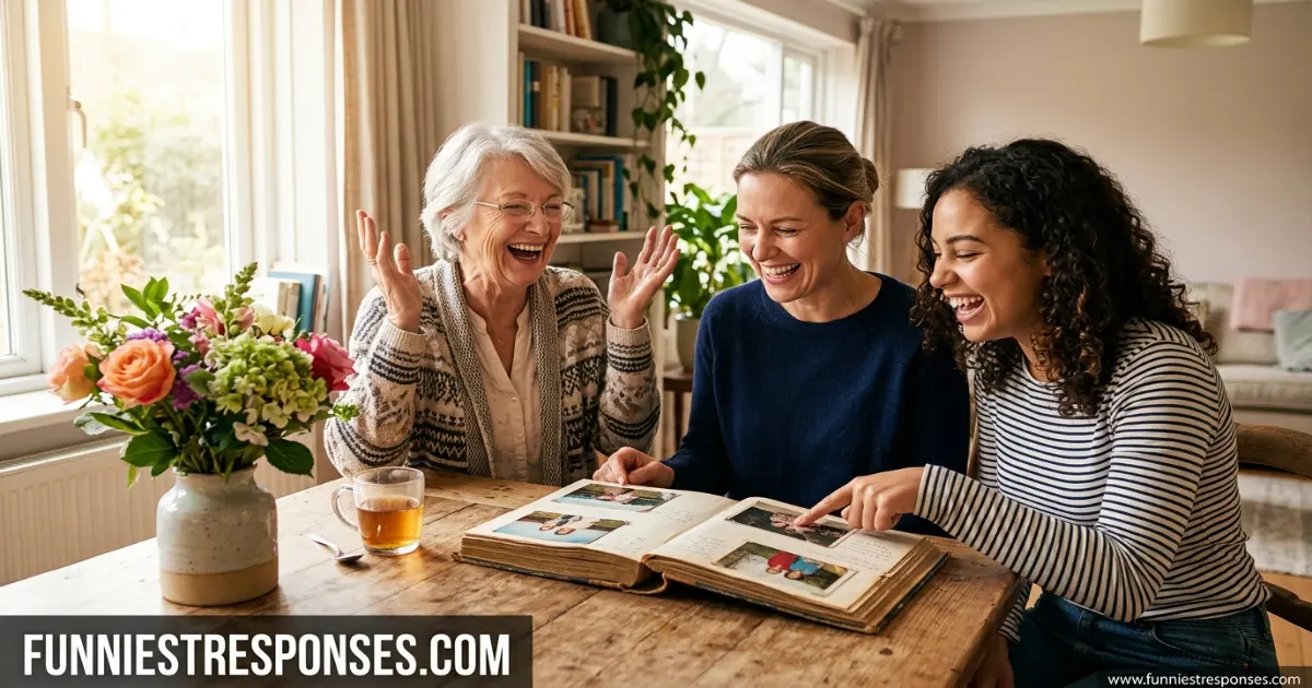 Family laughing together over a photo album