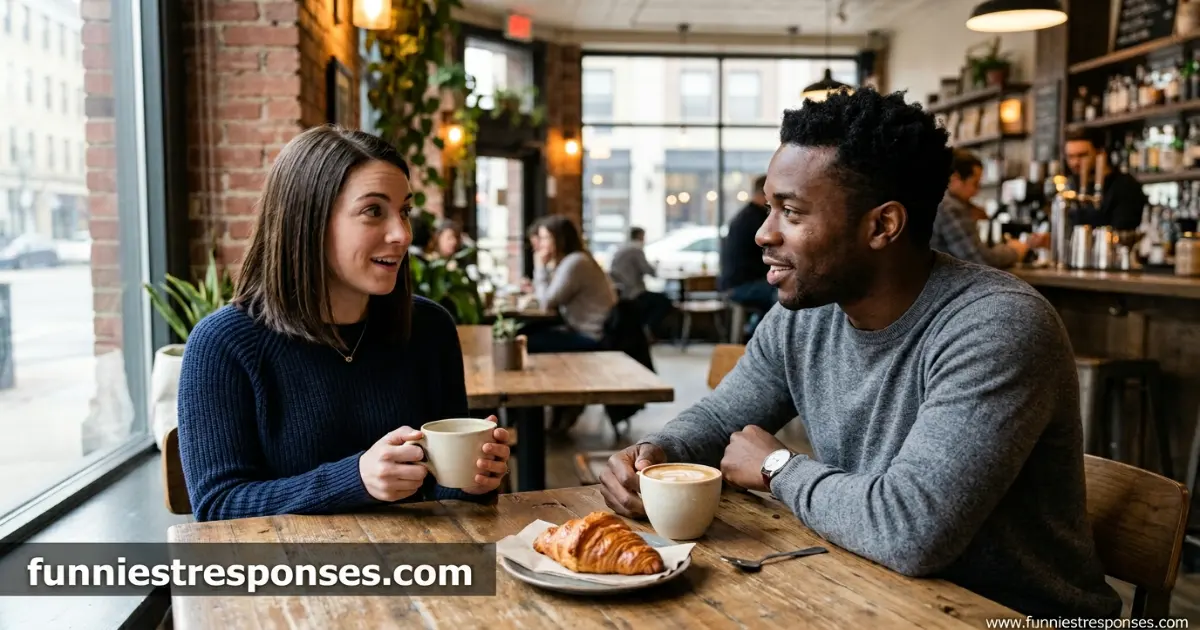 Couple laughing at a café table after a witty exchange