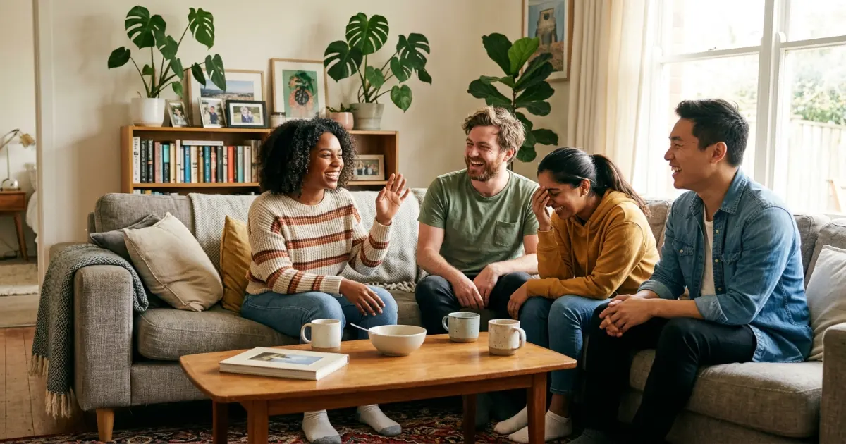 Group of people laughing after someone gives a funny reply about being quiet