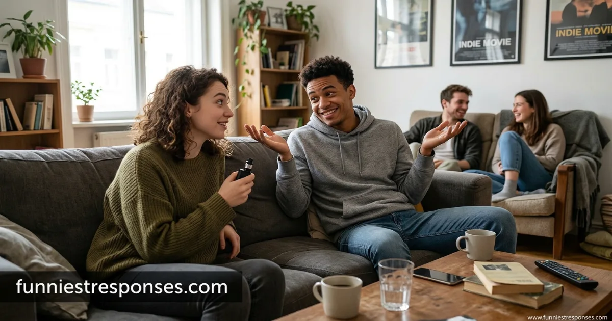 Group of friends hanging out, one holding a vape, another shrugging with a smile