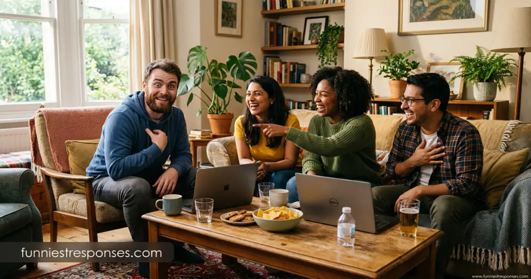 Group of young adults laughing together in a living room