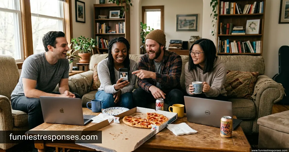 Group of friends laughing together, one holding a phone upside down