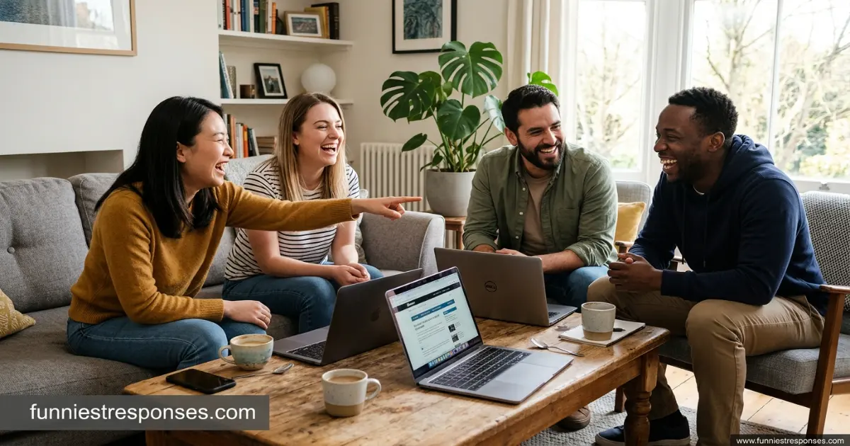 Group of friends laughing together, one pointing at phone