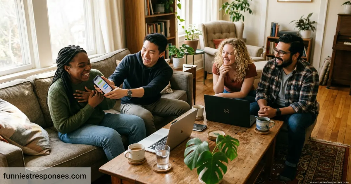 Group of friends laughing, one holding phone protectively
