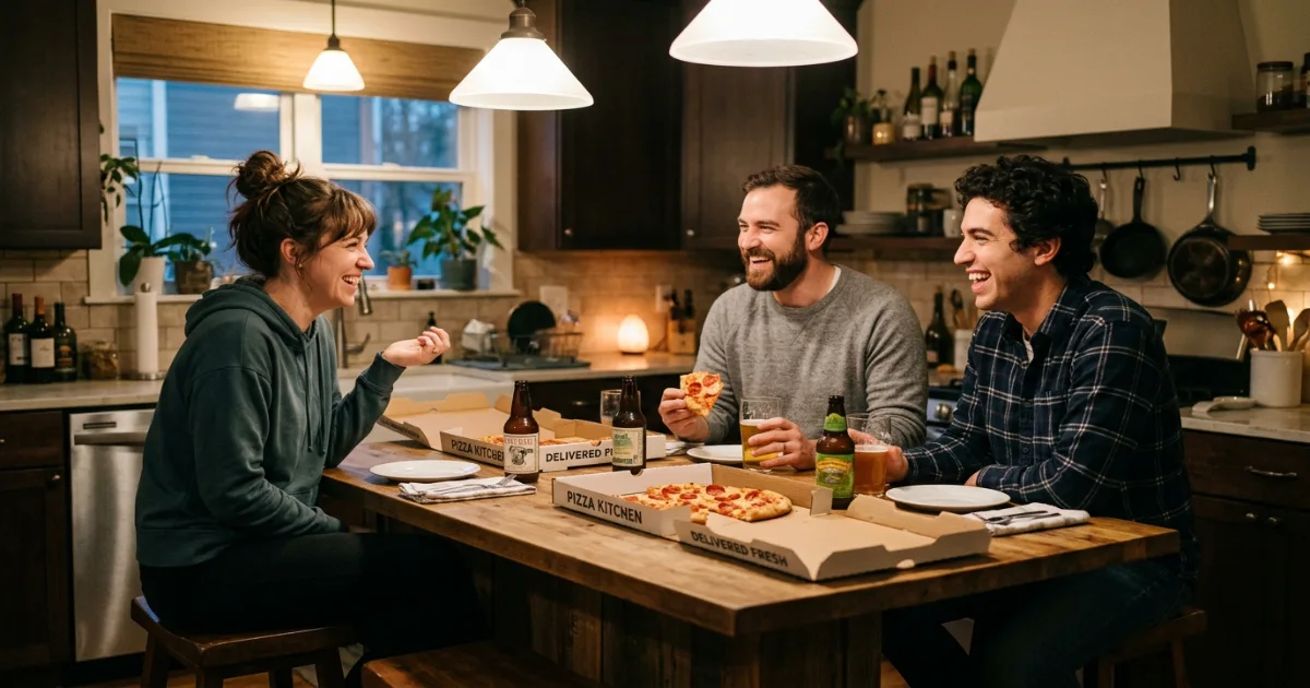 Group of friends laughing after someone admits they weren't listening with a joke