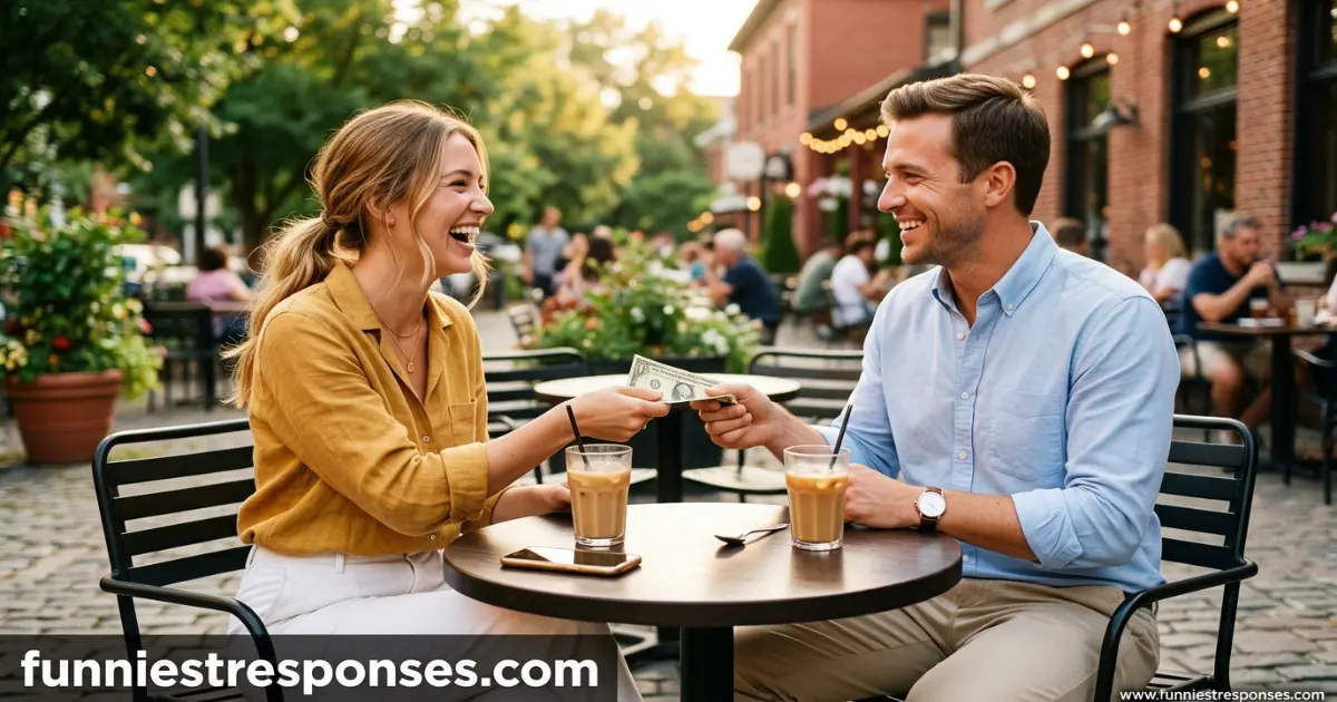 Two friends laughing while one hands over cash