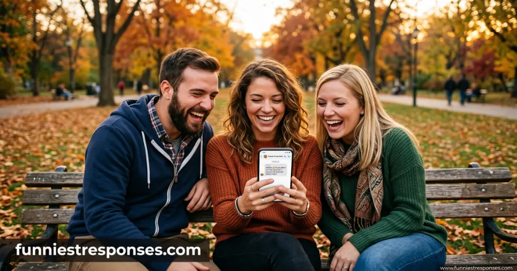 Friends laughing at a phone showing a group chat