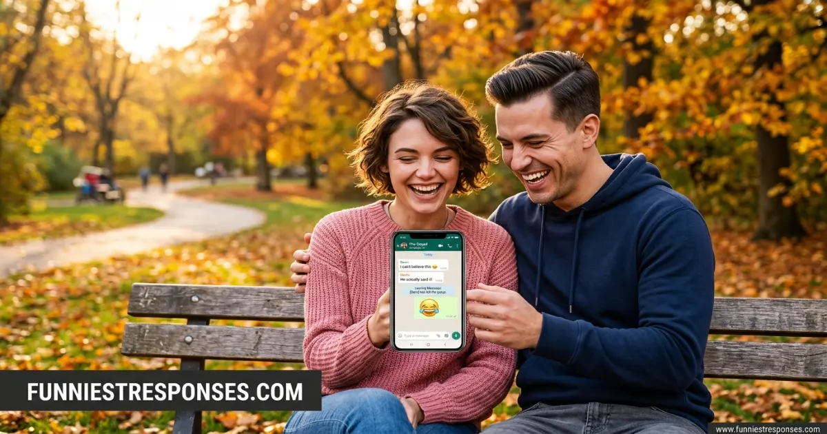 Two friends laughing while looking at a phone, showing a group chat