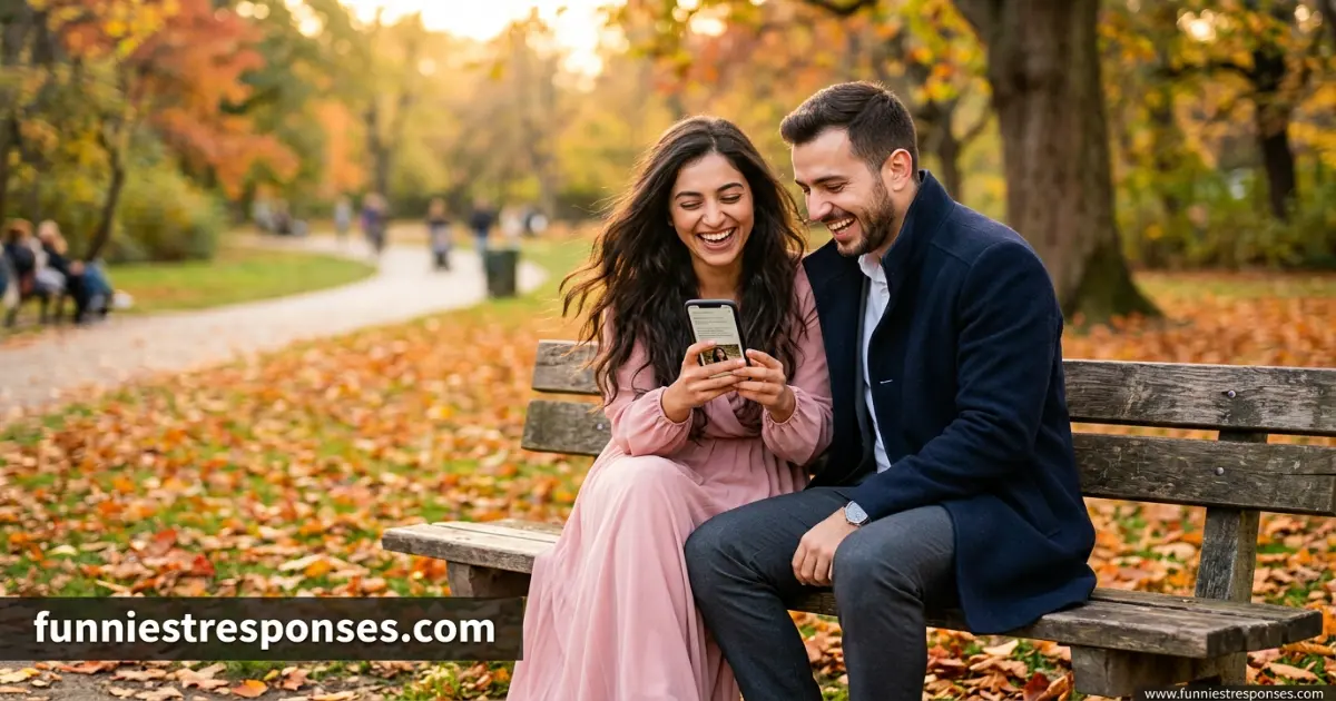 Two friends laughing at a phone, one pointing at a comment